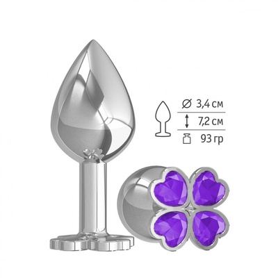 Средняя серебристая анальная втулка с клевером из фиолетовых кристаллов - 8,5 см. Джага Джага (фиолетовый) 