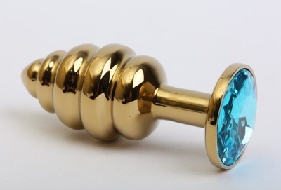Золотистая рифлёная пробка с голубым стразом - 8,2 см. 4sexdream (голубой) 