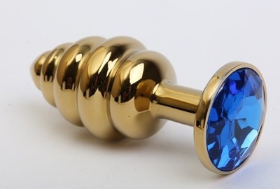 Золотистая рифлёная пробка с синим стразом - 8,2 см. 4sexdream (синий) 