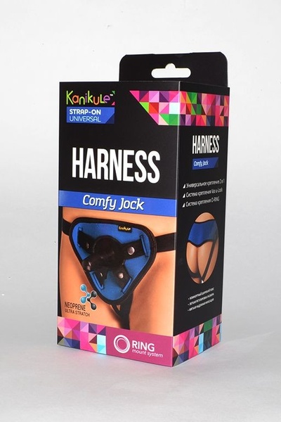 Сине-чёрные трусики-джоки Kanikule Strap-on Harness universal Comfy Jock с плугом и кольцами (синий с черным) 