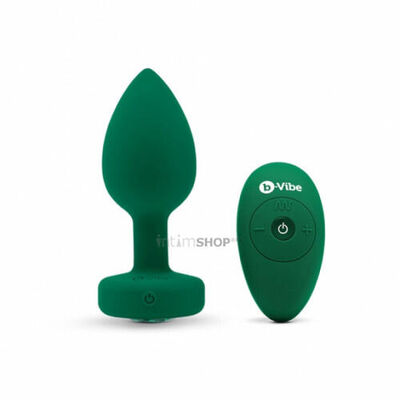 Вибропробка B-vibe Jewel M/L с пультом ДУ, зеленая с изумрудным кристаллом (Зеленый) 