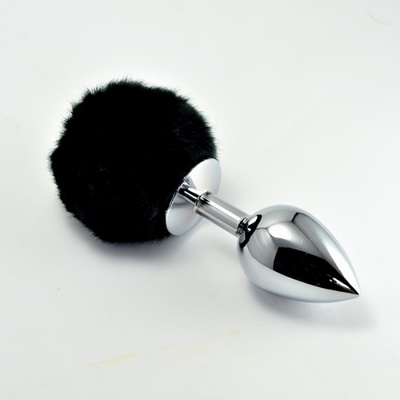 LoveToy Large Silver Plug+Pompon Black - Большая серебристая анальная пробка с пушистым хвостом, 17х7 см (чёрный) (Черный) 