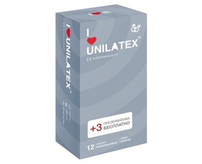 Презервативы Unilatex Ribbed, рифленые 12+3 шт в подарок (Прозрачный) 