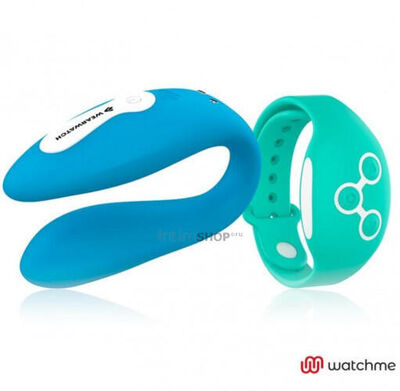 Вибратор для пар DreamLove Wearwatch Dual Pleasure Watchme с зеленым браслетом ДУ, голубой (зеленый, голубой) 