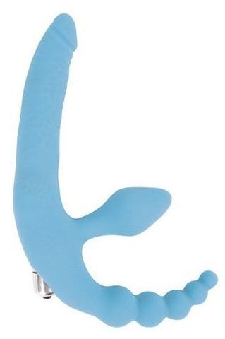 Анатомический страпон с вибрацией и анальным стимулятором, 15 см (голубой) SWEET TOYS 