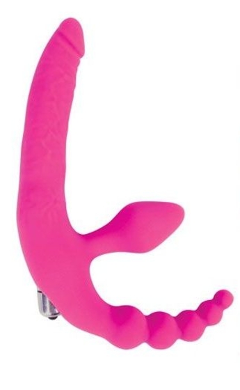 Анатомический страпон с вибрацией и анальным стимулятором, 15 см (розовый) SWEET TOYS 