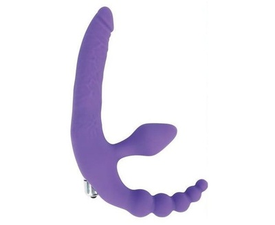 Анатомический страпон с вибрацией и анальным стимулятором, 15 см (фиолетовый) SWEET TOYS 