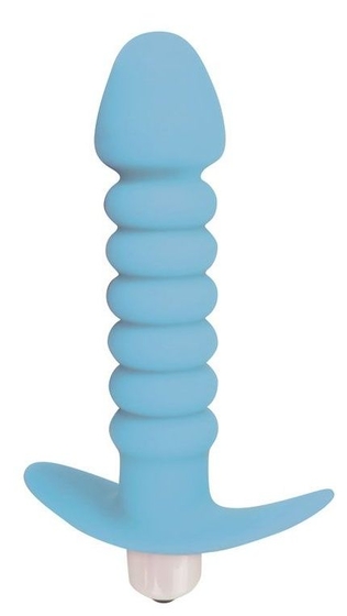 Ребристая анальная втулка с вибрацией и ограничительной ручкой, 11.5 см (голубой) SWEET TOYS 