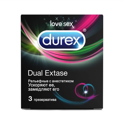 Презервативы рельефные Durex Dual Extase №3 с анастетиком, 3 шт (Прозрачный) 