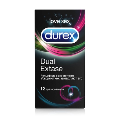 Презервативы рельефные Durex Dual Extase №12 с анастетиком, 12 шт (Прозрачный) 