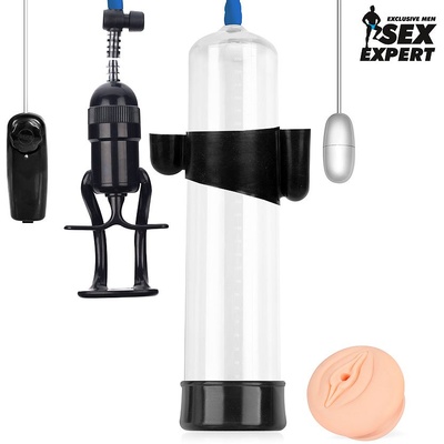 Sex Expert - Вакуумная помпа с дополнительной насадкой и вибрацией, 28х6.5 см (Прозрачный) 