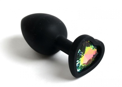Черная анальная силиконовая пробка с радужным стразом-сердцем - 7,5 см. 4sexdream (разноцветный) 