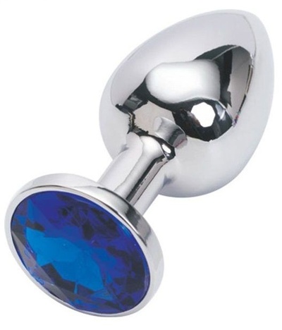 Серебряная металлическая анальная пробка с синим стразиком - 7,6 см. 4sexdream (синий) 