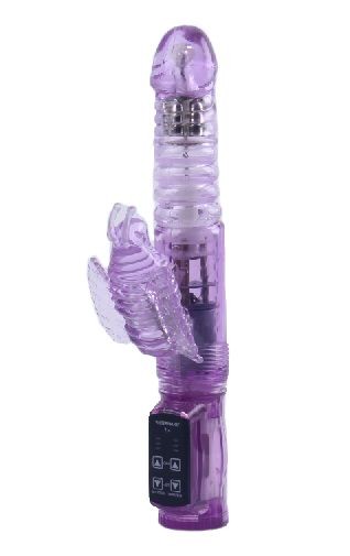 Фиолетовый вибратор с ротацией, функцией Up&Down и клиторальной бабочкой - 23,5 см. White Label 