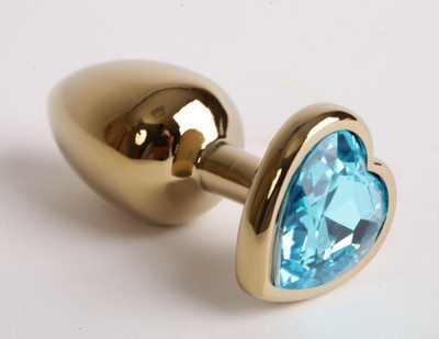 Золотистая анальная пробка с голубым кристаллом-сердцем - 9 см. 4sexdream (голубой) 