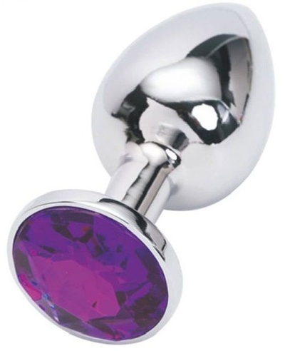Серебряная металлическая анальная пробка с фиолетовым стразиком - 7,6 см. 4sexdream  (фиолетовый)  