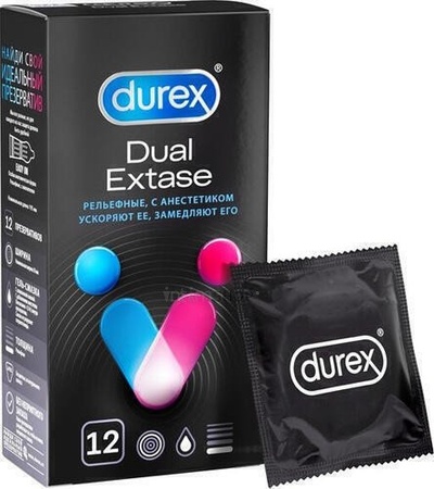 Презервативы Durex Dual Extase рельефные с анестетиком, 12 шт (Бесцветный) 
