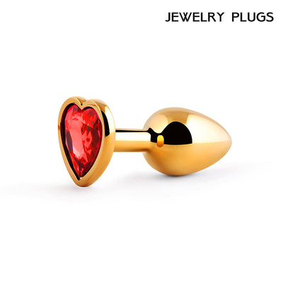 Anal Jewelry Plug - Золотая анальная пробка с красным кристаллом и основанием-сердечком, 7х2.8 см (красный) 