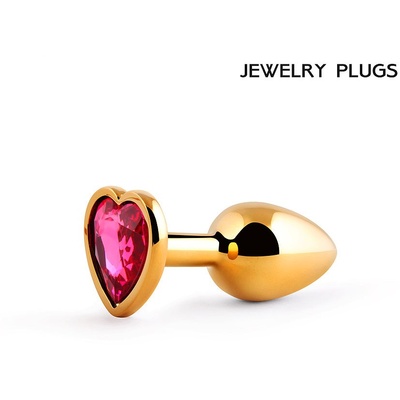 Anal Jewelry Plug - Золотая анальная пробка с кристаллом и основанием-сердечком, 7х2.8 см (рубиновый) 