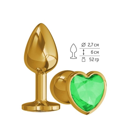 Анальная втулка с зеленым кристаллом сердце, 7 см (золотой) Djaga-Djaga 