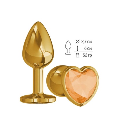 511-10 ORANGE-DD / Анальная втулка Gold с оранжевым кристаллом сердце маленькая Djaga-Djaga (Золотой) 