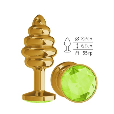 Анальная пробка Spiral с салатовым кристаллом, 7 см (золотой) Djaga-Djaga (Салатовый) 