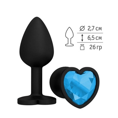508-05 AQUA-DD / Анальная втулка силиконовая черная с голубым кристаллом сердце Djaga-Djaga (Голубой) 