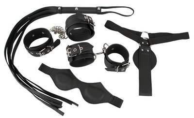 BDSM Набор для подневолья Vegan (кандалы, наручники, повязка на глаза, стринги, флоггер) Vegan Fetish (Черный) 
