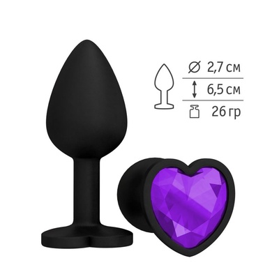 Анальная пробка с фиолетовым кристаллом сердце, 6,5 см (черный) Djaga-Djaga (Фиолетовый) 