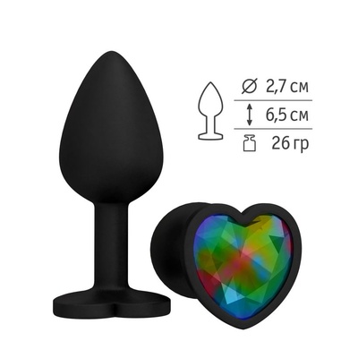 Анальная пробка с разноцветным кристаллом сердце, 6,5 см (черный) Djaga-Djaga (Радужный) 