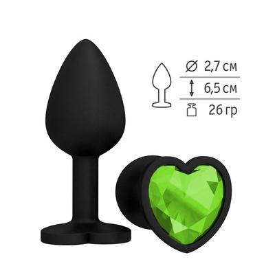 508-12 LIME-DD / Анальная втулка силиконовая черная с салатовым кристаллом сердце Djaga-Djaga (Черный) 