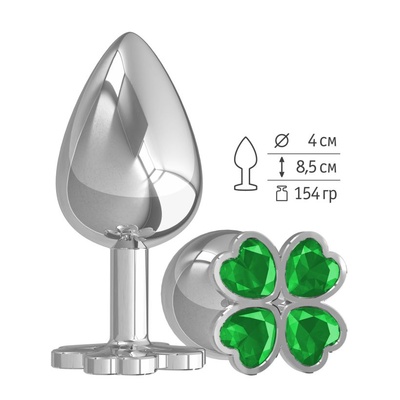 539-03 GREEN-DD / Большая анальная втулка Silver Клевер с зеленым кристаллом Djaga-Djaga (Зеленый) 