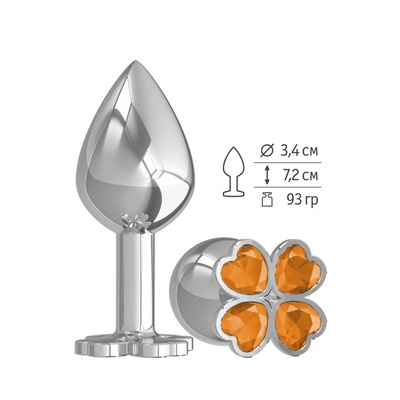 529-10 ORANGE-DD / Средняя анальная втулка Silver Клевер с оранжевым кристаллом Djaga-Djaga (Серебристый) 