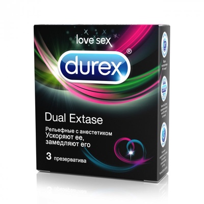 Презервативы Durex Dual Extase рельефные с анестетиком – 3 шт (Прозрачный) 