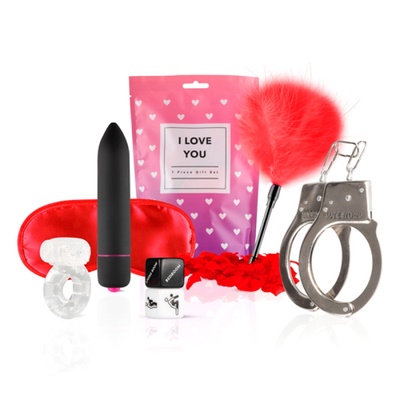 Подарочный набор на 14 февраля для пар LoveBoxxx - I Love You в комплекте с наручниками, щекоталкой с пером, пластиковым кубиком, кольцом на пенис, маской на глаза EDC Wholesale B. V. 