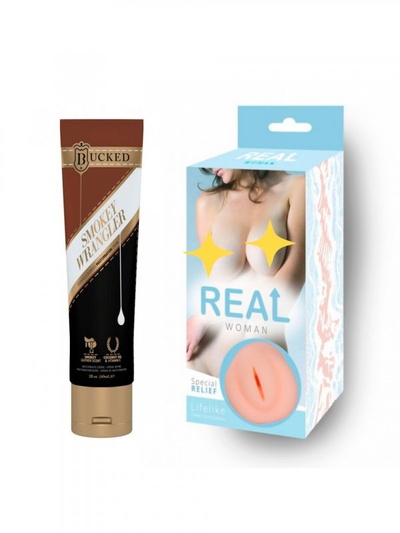 Ароматизированный косметический крем для мастурбации Bucked Smokey Wrangler - 60 мл. и Реалистичный мастурбатор вагина Real Woman Азиатка – телесный 14,5 см. JO system 