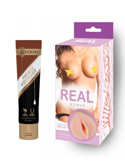 Ароматизированный косметический крем для мастурбации Bucked Smokey Wrangler - 60 мл. и Реалистичный мастурбатор вагина Real Woman Мулатка – телесный 14.5 см. JO system 