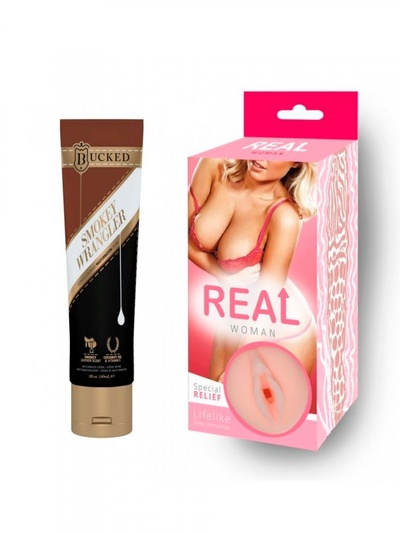 Ароматизированный косметический крем для мастурбации Bucked Smokey Wrangler - 60 мл. и Реалистичный мастурбатор вагина Real Woman Блондинка – телесный 14,5 см. JO system (Бежевый) 