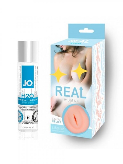 Мужской набор: Реалистичный мастурбатор вагина Real Woman Азиатка – телесный 14,5 см. и Лубрикант на водной основе JO H2O Original – 30 мл JO system 