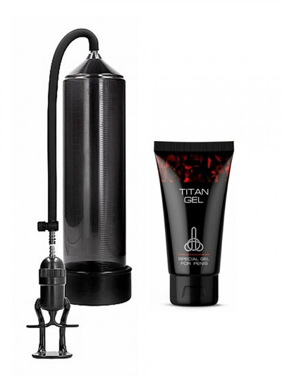 Набор для увеличения пениса: Ручная вакуумная помпа для мужчин с насосом в виде поршня Deluxe Beginner Pump и Специальный интимный гель для мужчин Titan Gel TANTRA - 50 мл. Shots Toys (Черный) 