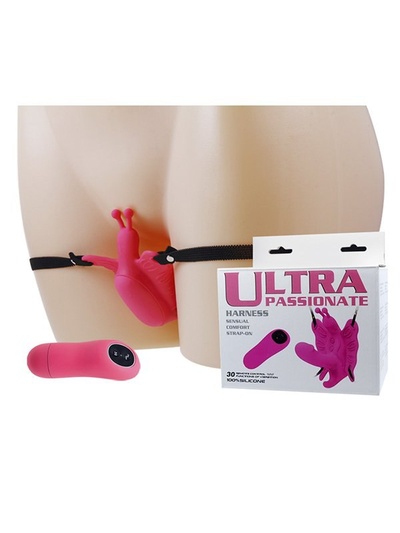 Клиторальный вибростимулятор-бабочка на ремешках Ultra Passionate – розовый Baile 