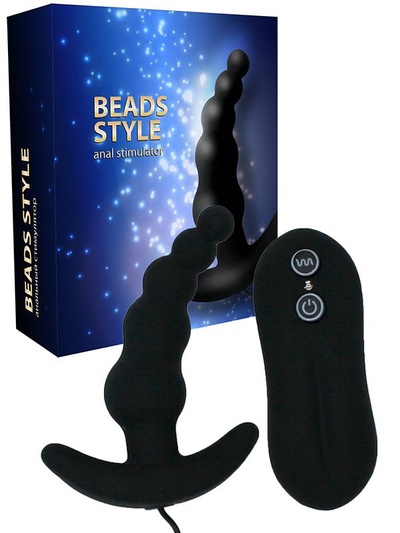 Анальный стимулятор-елочка с вибрацией на пульте управления Beads Style – черный RestArt 