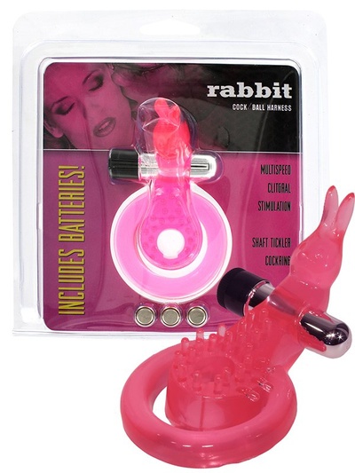 Эрекцонное виброкольцо Rabbit Cock/Ball Harness с петлей на мошонку и клиторальным стимулятором в виде кролика – розовый Gopaldas 