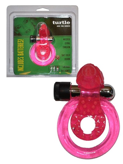 Эрекцонное виброкольцо Turtle Cock/Ball Harness с петлей на мошонку и клиторальным стимулятором в виде черепашки – розовый Gopaldas 