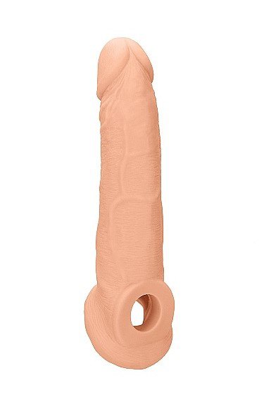 Увеличивающая насадка закрытого типа с кольцом для фиксации на мошонке Penis Extender with Rings - 22 cm Shots Toys (Бежевый) 
