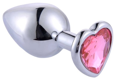 Металлическая анальная пробочка со стразом в виде розового сердечка 7,5 см 4sexdream (серебристый) 