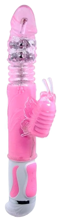 Розовый вибратор с вращением бусин и клиторальной бабочкой 30 см Baile 