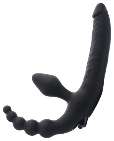 Чёрный безремневой страпон с вибрацией и анальным отростком TOYFA (черный) 
