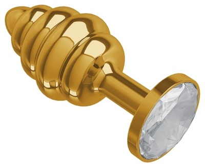 Золотистая ребристая анальная пробка с прозрачным стразом 7,3 см 4sexdream (золотистый) 