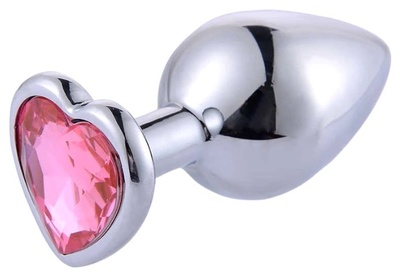 Серебристая анальная пробка с розовым стразиком-сердечком 9 см 4sexdream (серебристый) 